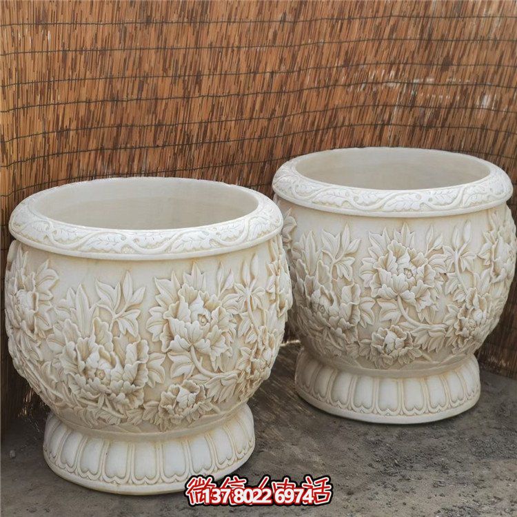漢白玉浮雕荷花養魚缸，精美庭院裝飾戶外中式花盆