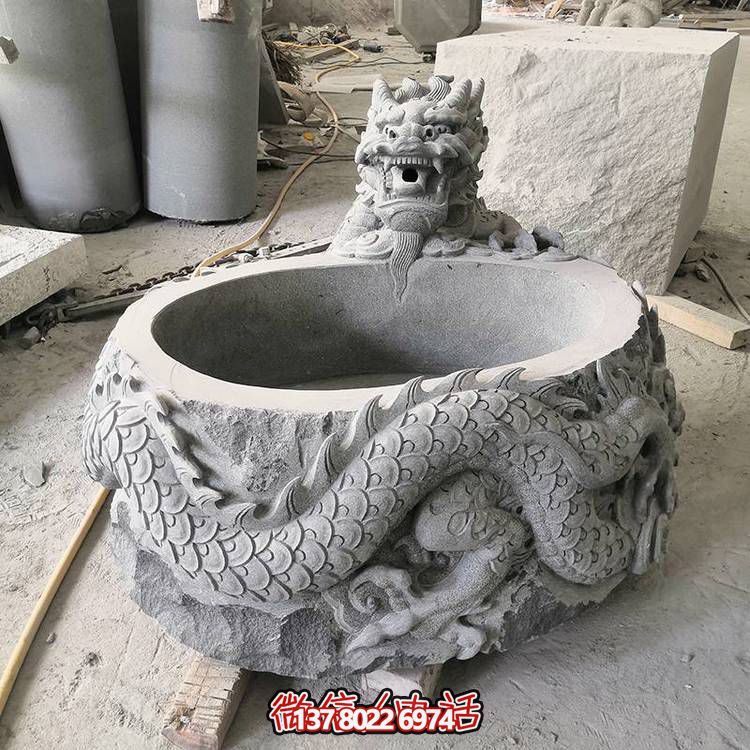 仿古石缸水缸青石龍形浮雕雕塑，為您的庭院增添一抹古樸