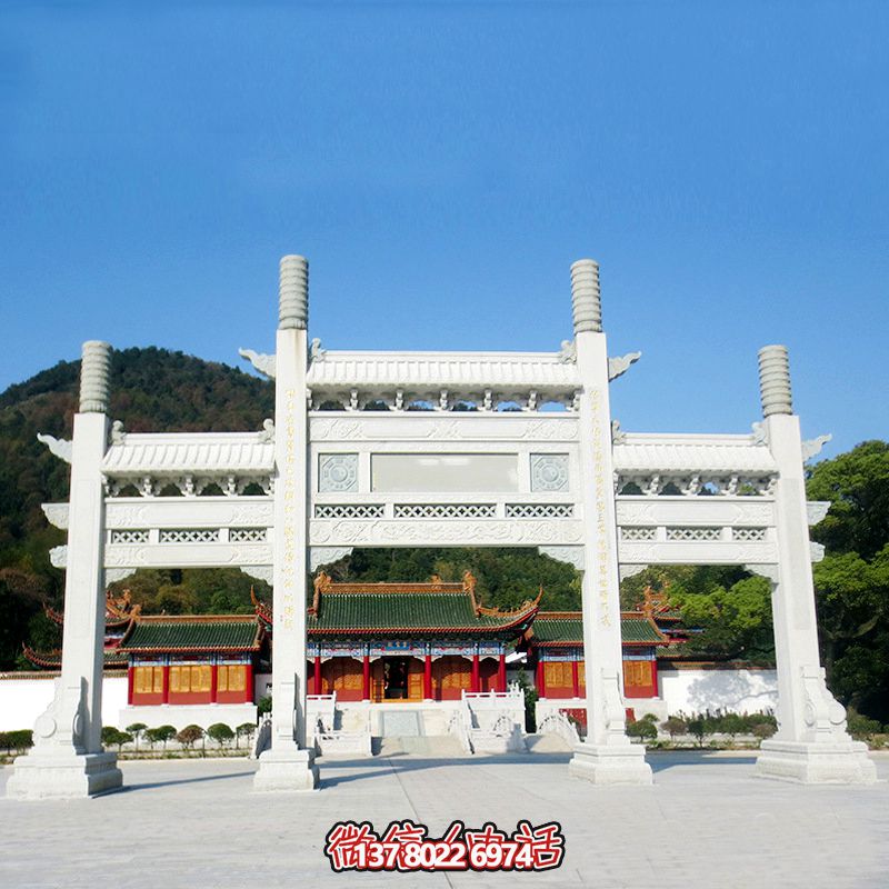 寺廟門前擺放漢白玉三門無樓石柱牌坊 寺廟門前擺放漢白玉三門無樓石柱牌坊